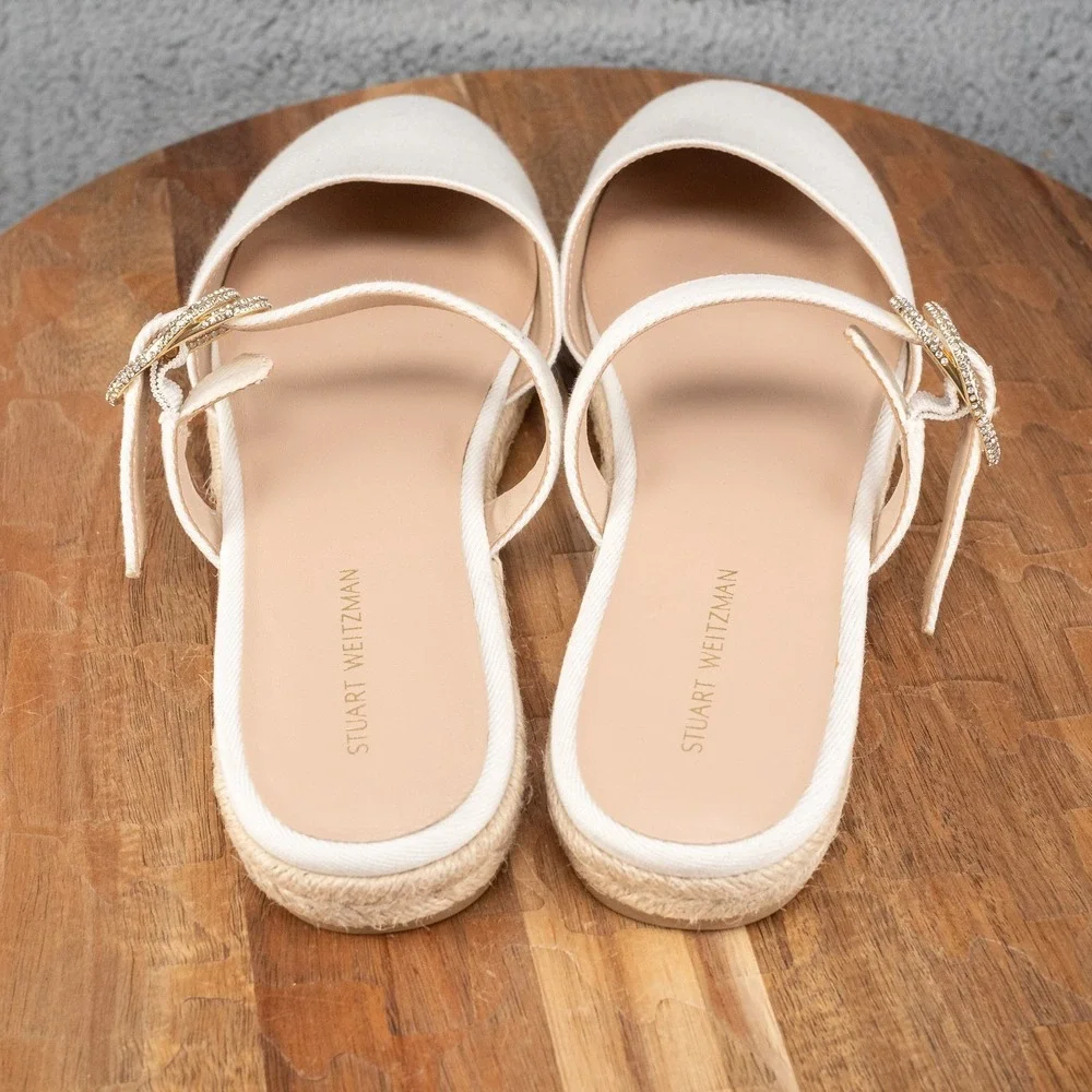 Stuart Weitzman Crystal Buckle Espadrille Mule in White Sz: 7 Women $395